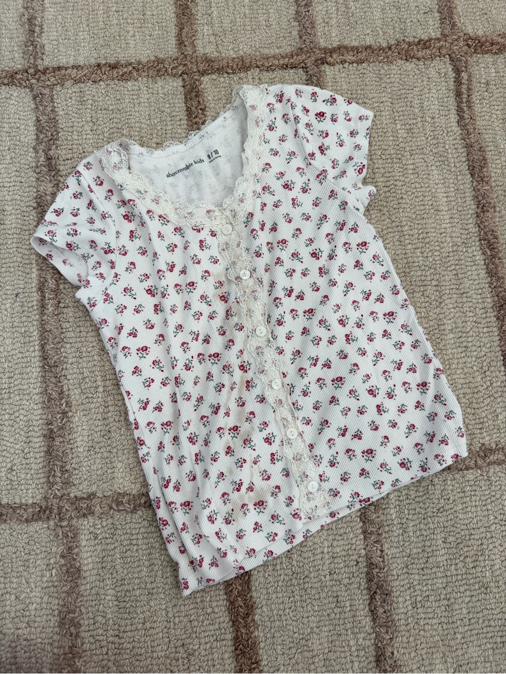 abercrombie kids White Tee with Pink Floral Print and Lace Trim